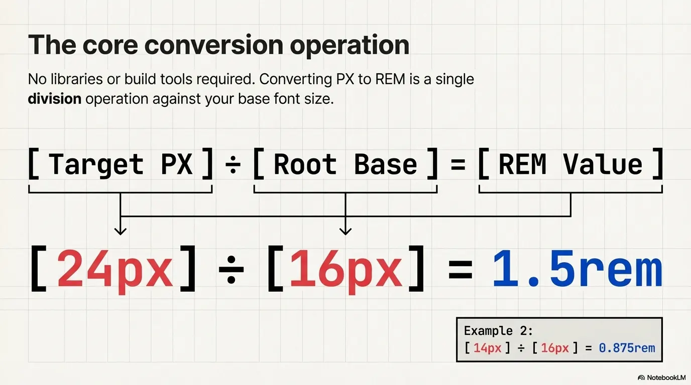 PX to REM conversion formula: 24px divided by 16px equals 1.5rem