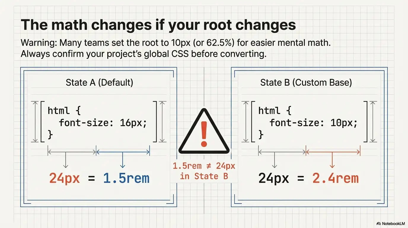 Comparison showing how math changes when the root font size is 10px vs 16px