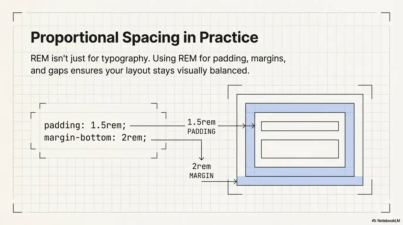 Proportional spacing demonstration using REM for padding and margins