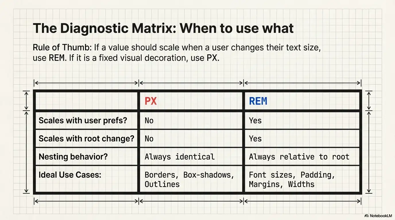 The Diagnostic Matrix: When to use PX vs REM for different CSS properties